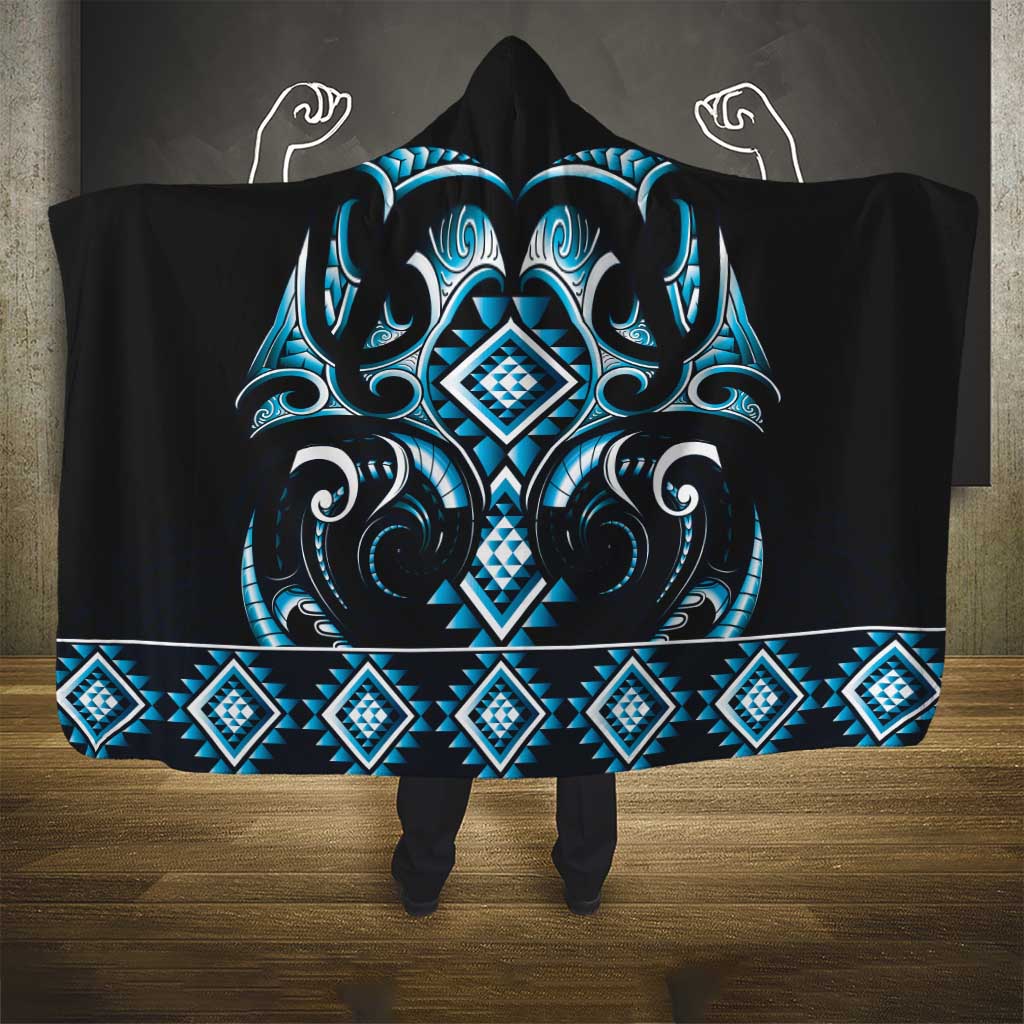 Blue Ngaru Taniko With Aotearoa Maori Tattoo Hooded Blanket