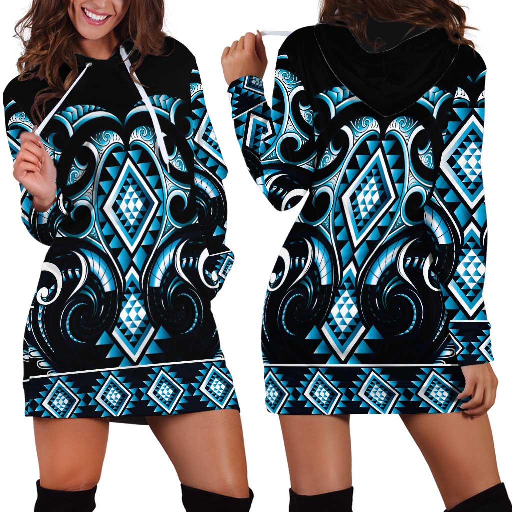 Blue Ngaru Taniko With Aotearoa Maori Tattoo Hoodie Dress
