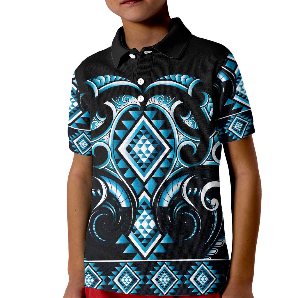 Blue Ngaru Taniko With Aotearoa Maori Tattoo Kid Polo Shirt