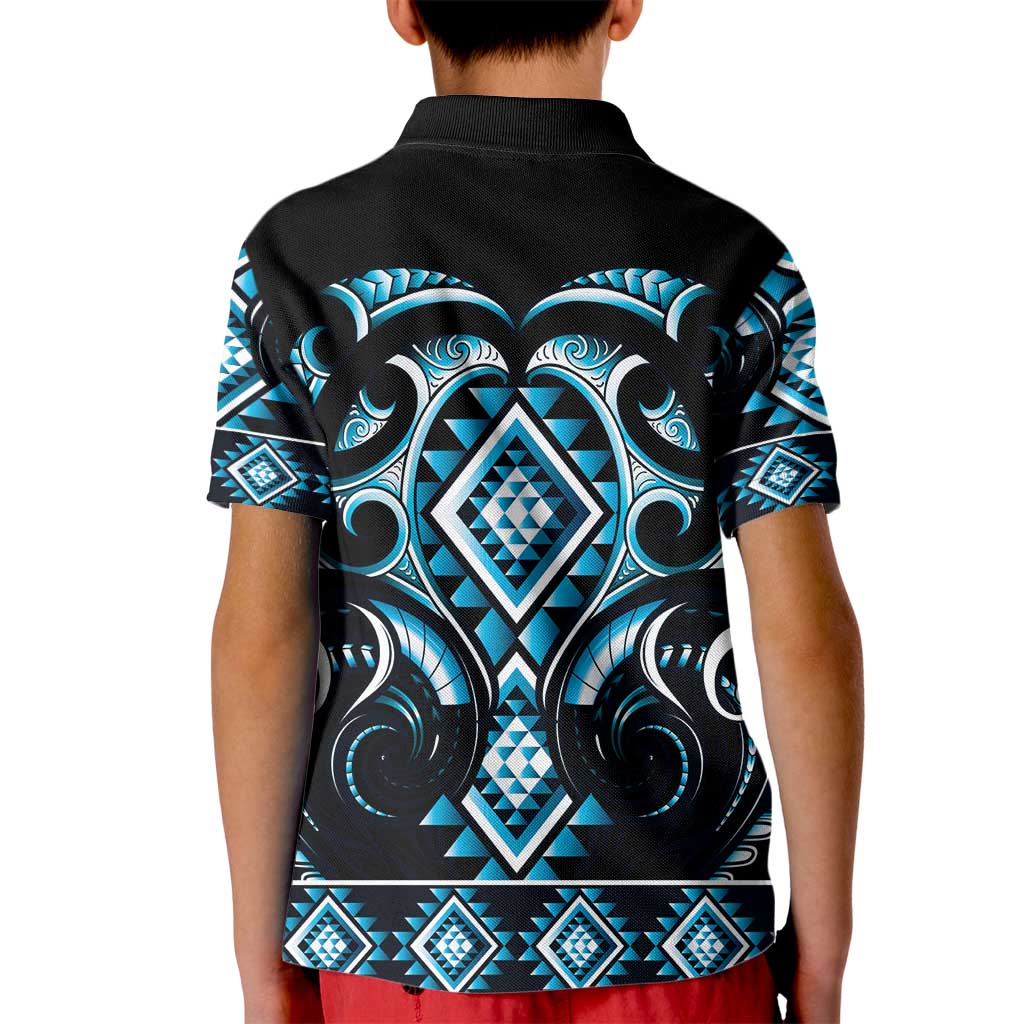 Blue Ngaru Taniko With Aotearoa Maori Tattoo Kid Polo Shirt