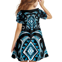 Blue Ngaru Taniko With Aotearoa Maori Tattoo Kid Short Sleeve Dress