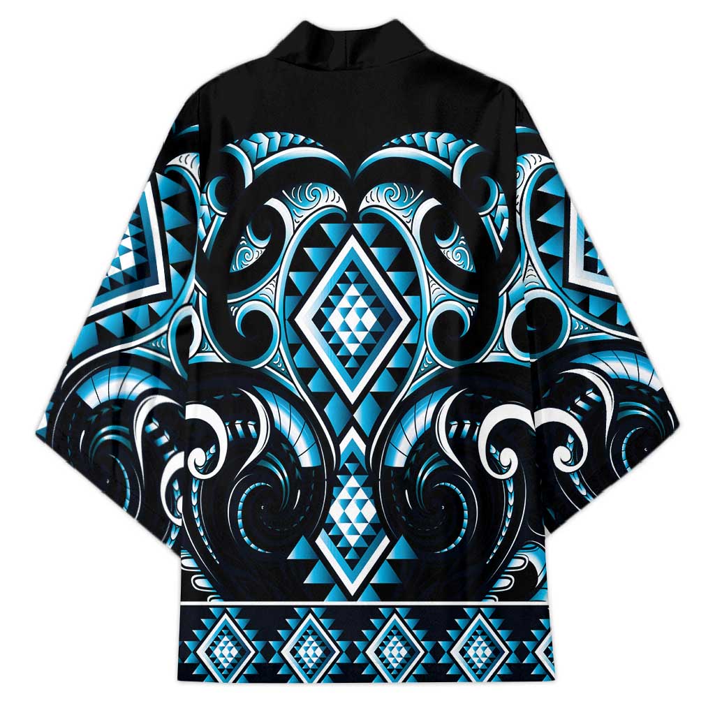 Blue Ngaru Taniko With Aotearoa Maori Tattoo Kimono - Polynesian Pride