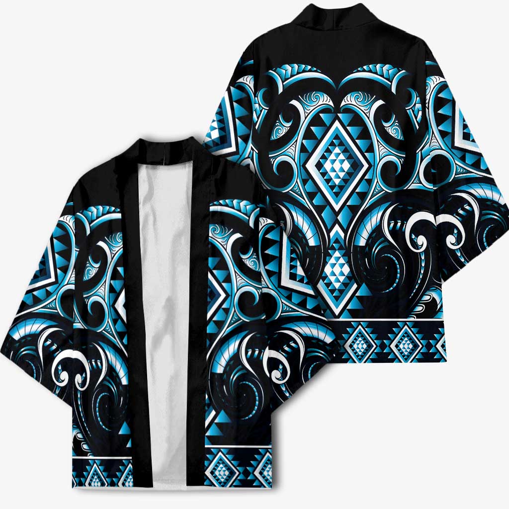 Blue Ngaru Taniko With Aotearoa Maori Tattoo Kimono - Polynesian Pride