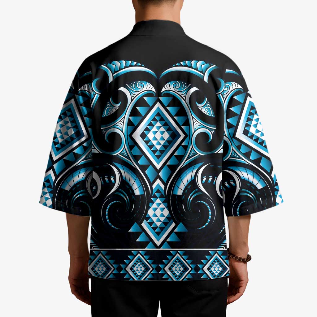 Blue Ngaru Taniko With Aotearoa Maori Tattoo Kimono - Polynesian Pride
