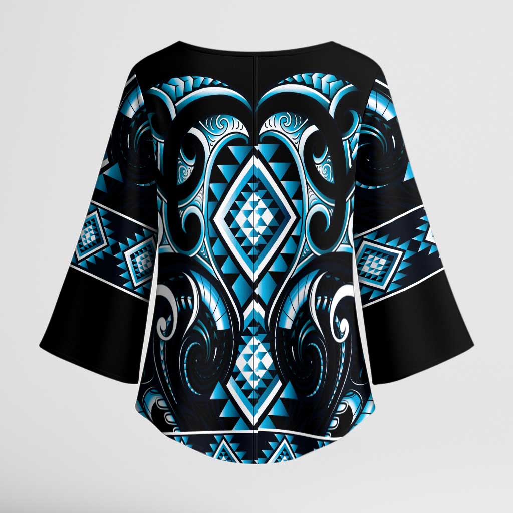 Blue Ngaru Taniko With Aotearoa Maori Tattoo Kimono Sleeve Blouse - Polynesian Pride