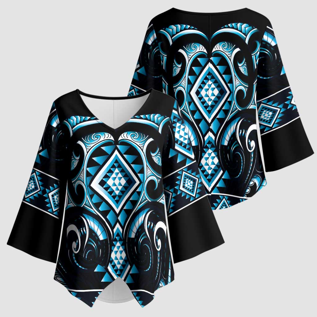 Blue Ngaru Taniko With Aotearoa Maori Tattoo Kimono Sleeve Blouse - Polynesian Pride
