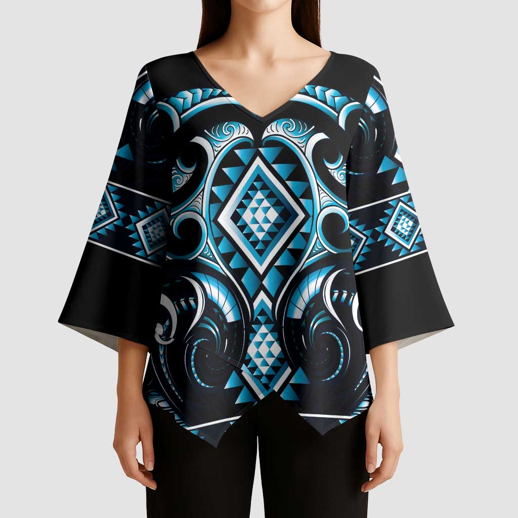 Blue Ngaru Taniko With Aotearoa Maori Tattoo Kimono Sleeve Blouse - Polynesian Pride