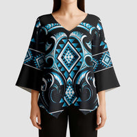 Blue Ngaru Taniko With Aotearoa Maori Tattoo Kimono Sleeve Blouse - Polynesian Pride