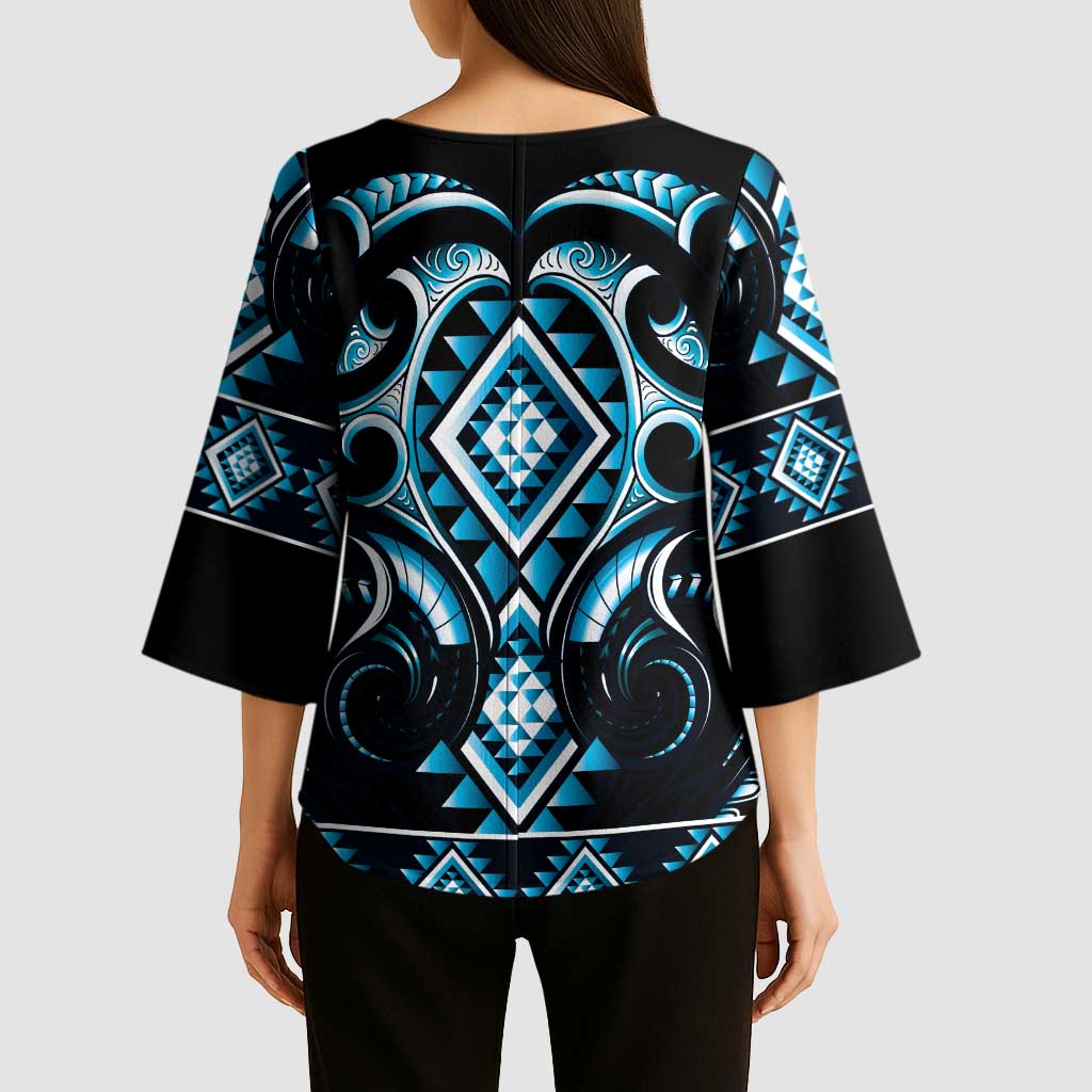 Blue Ngaru Taniko With Aotearoa Maori Tattoo Kimono Sleeve Blouse - Polynesian Pride