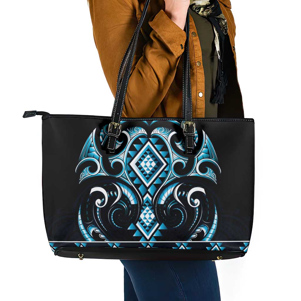Blue Ngaru Taniko With Aotearoa Maori Tattoo Leather Tote Bag