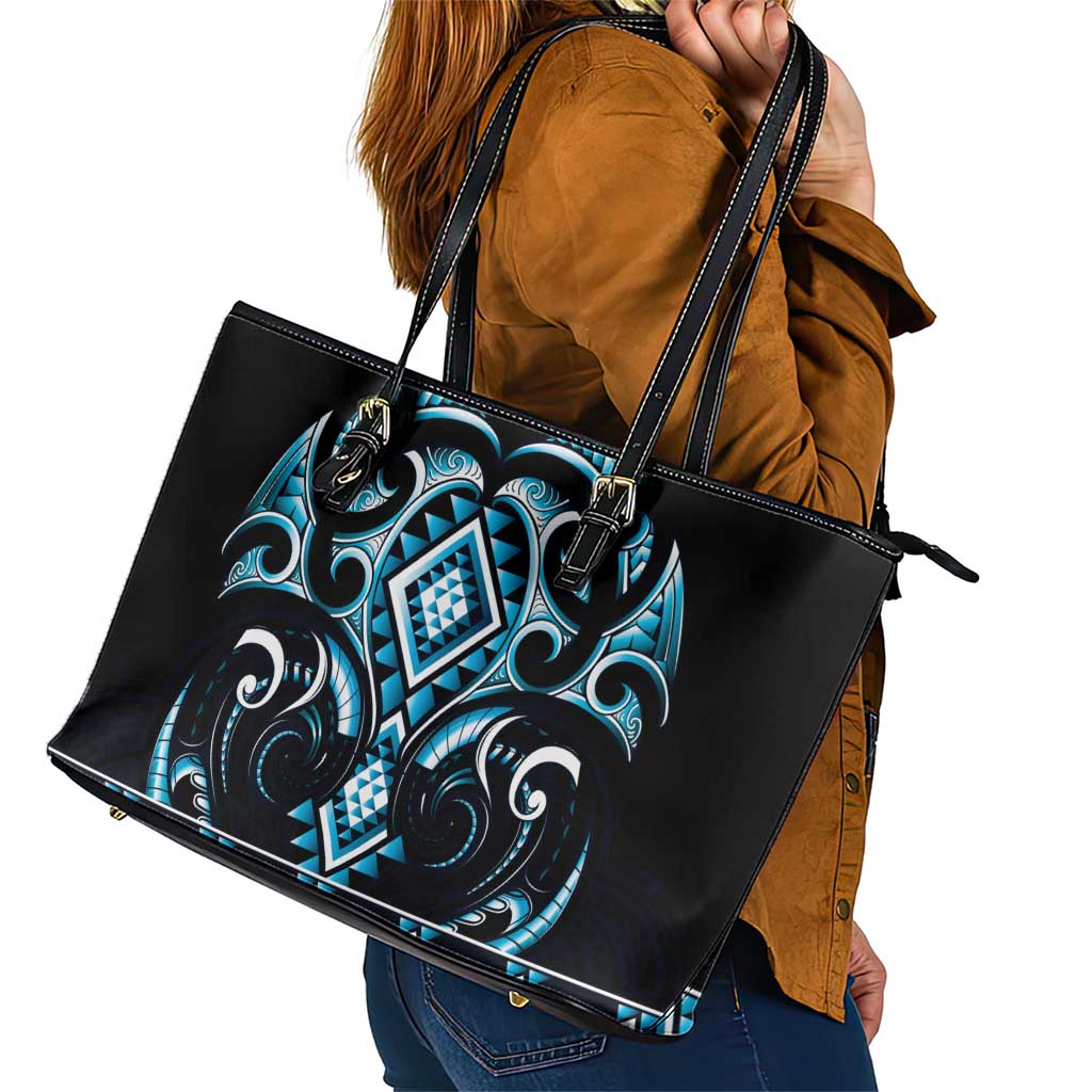 Blue Ngaru Taniko With Aotearoa Maori Tattoo Leather Tote Bag