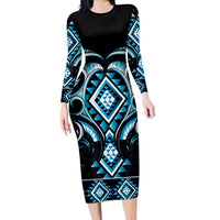 Blue Ngaru Taniko With Aotearoa Maori Tattoo Long Sleeve Bodycon Dress LT14 Long Dress Blue - Polynesian Pride