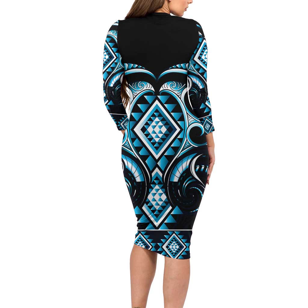 Blue Ngaru Taniko With Aotearoa Maori Tattoo Long Sleeve Bodycon Dress LT14 - Polynesian Pride