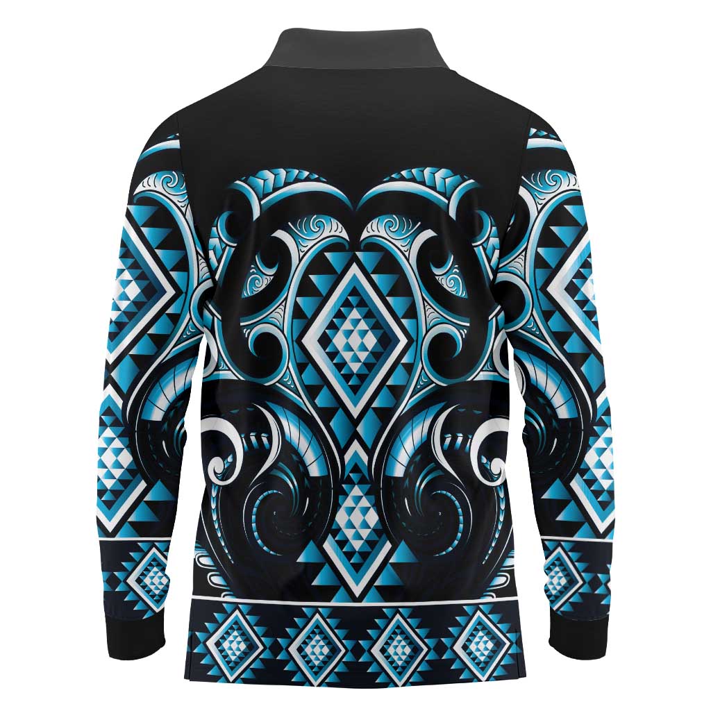 Blue Ngaru Taniko With Aotearoa Maori Tattoo Long Sleeve Polo Shirt