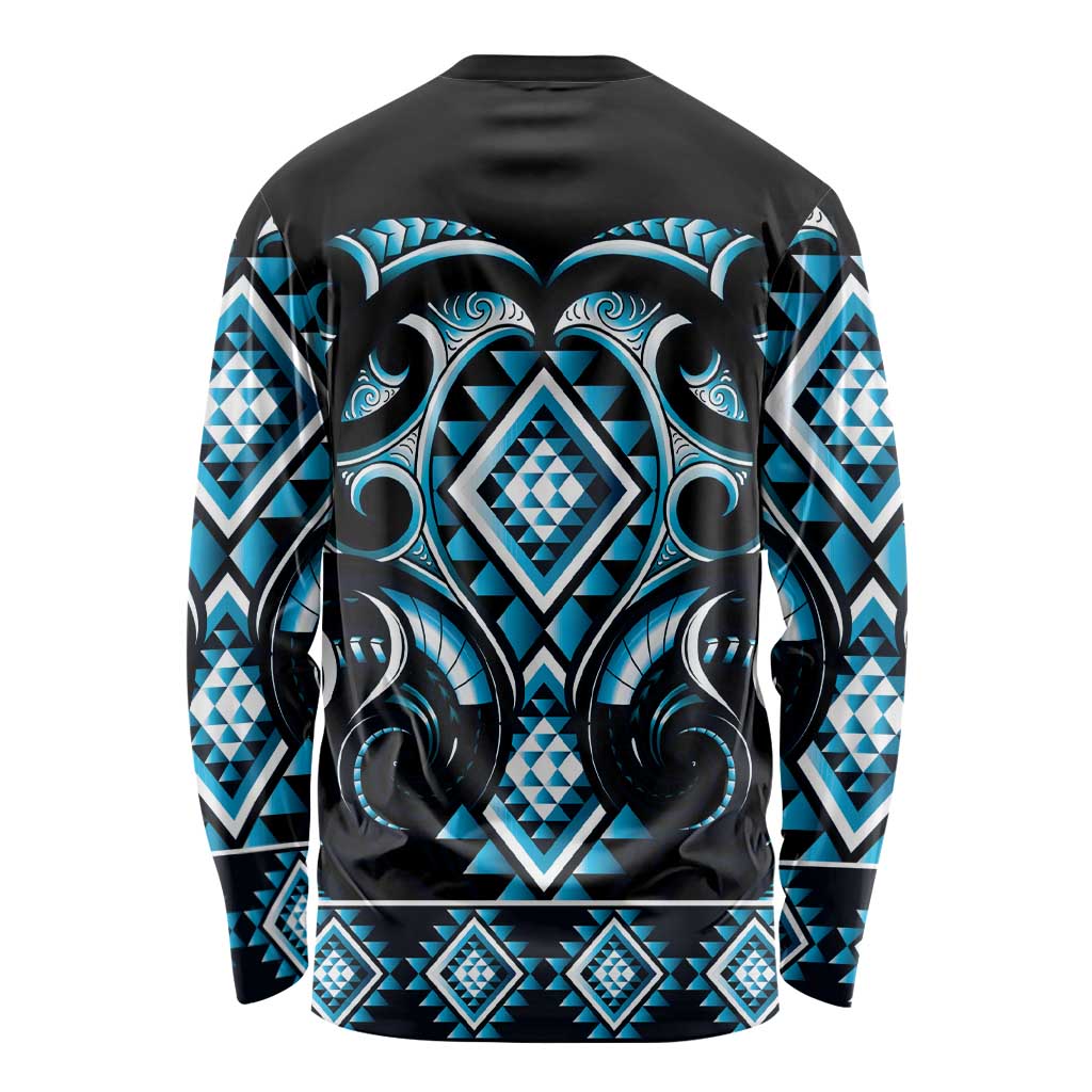 Blue Ngaru Taniko With Aotearoa Maori Tattoo Long Sleeve Shirt