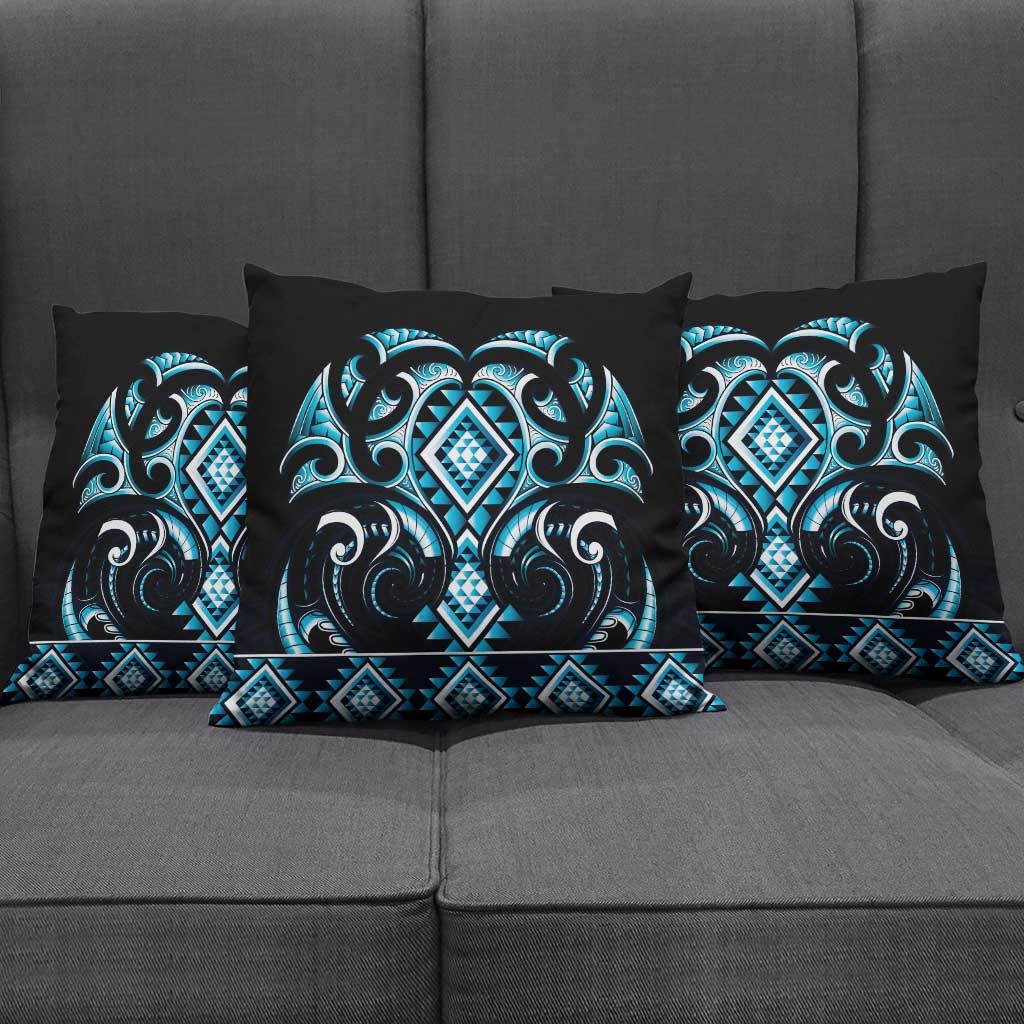 Blue Ngaru Taniko With Aotearoa Maori Tattoo Pillow Cover - Polynesian Pride
