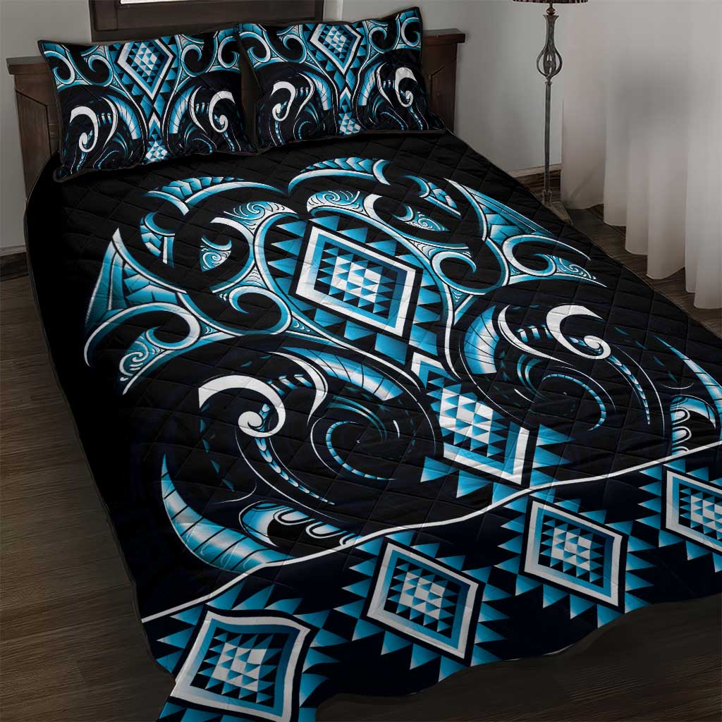 Blue Ngaru Taniko With Aotearoa Maori Tattoo Quilt Bed Set