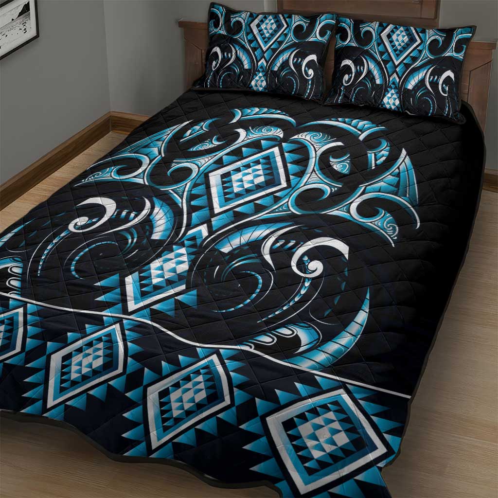 Blue Ngaru Taniko With Aotearoa Maori Tattoo Quilt Bed Set