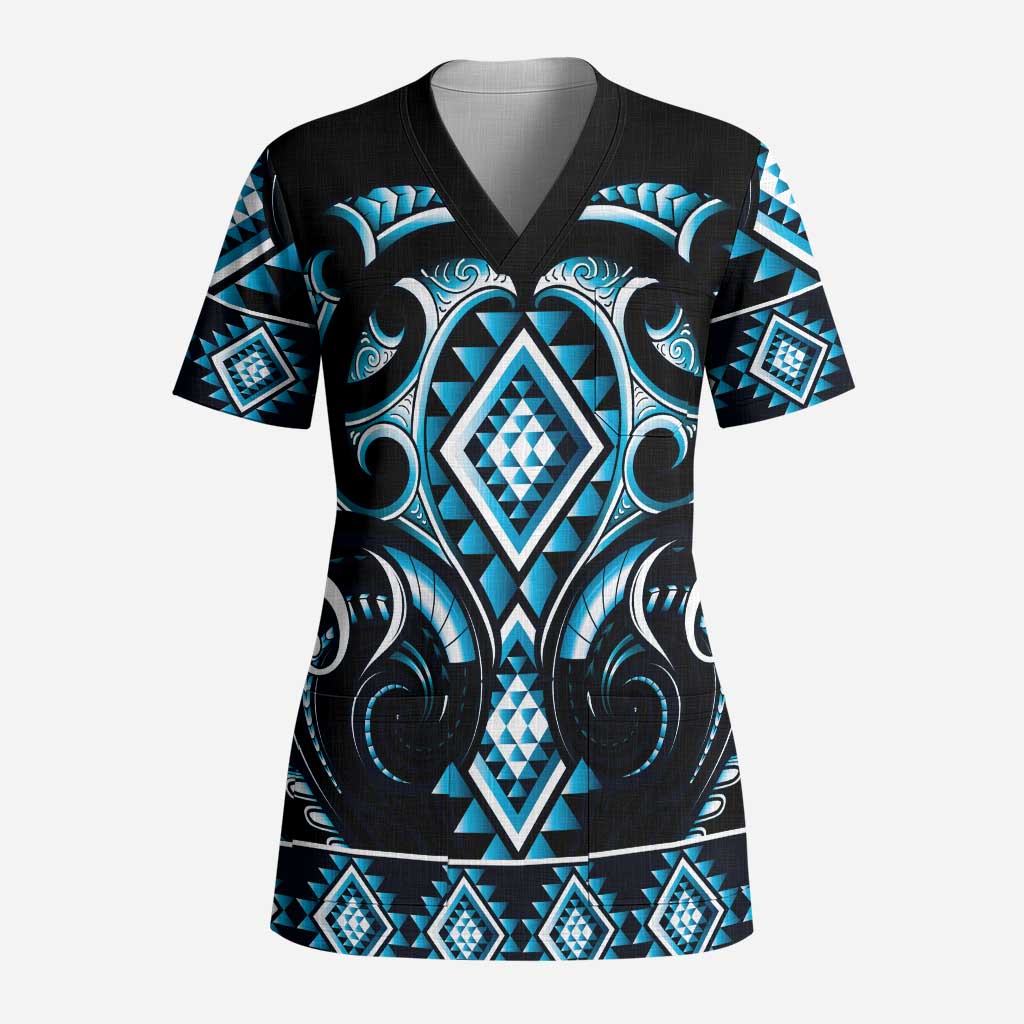 Blue Ngaru Taniko With Aotearoa Maori Tattoo Scrub Top - Polynesian Pride