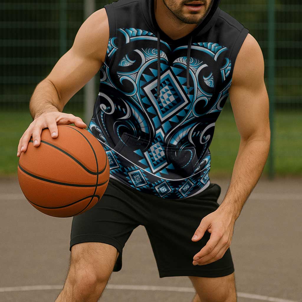Blue Ngaru Taniko With Aotearoa Maori Tattoo Sleeveless Hoodie - Polynesian Pride