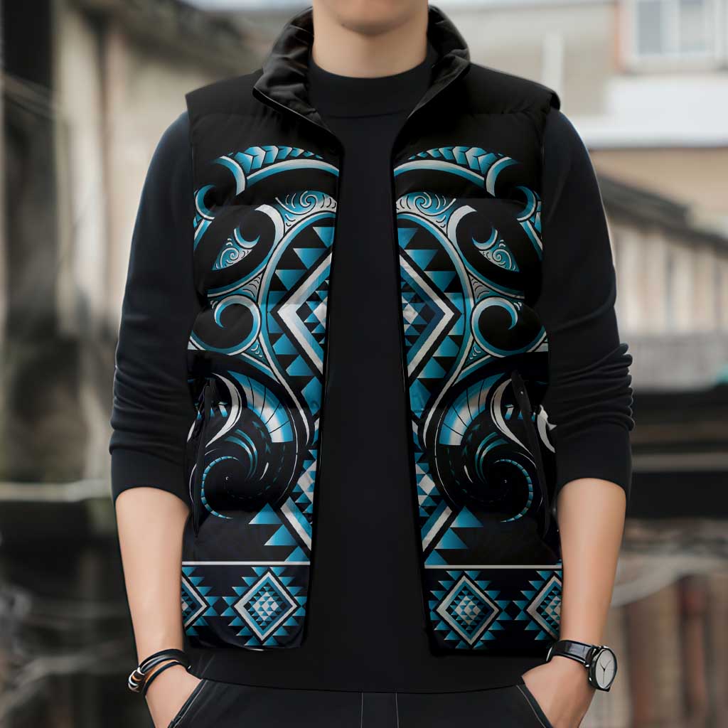 Blue Ngaru Taniko With Aotearoa Maori Tattoo Sleeveless Puffer Jacket - Polynesian Pride