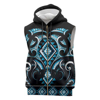 Blue Ngaru Taniko With Aotearoa Maori Tattoo Sleeveless Zip Hoodie - Polynesian Pride