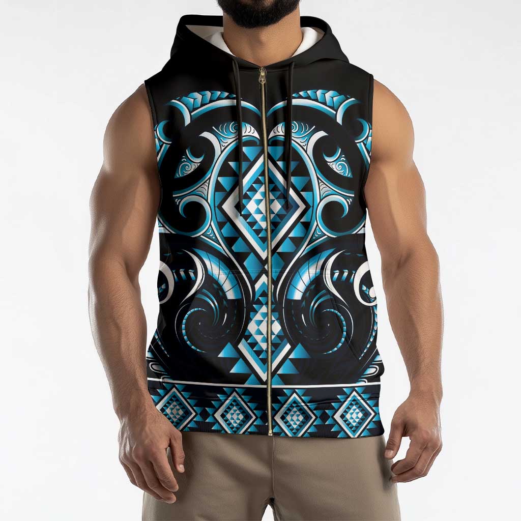 Blue Ngaru Taniko With Aotearoa Maori Tattoo Sleeveless Zip Hoodie - Polynesian Pride