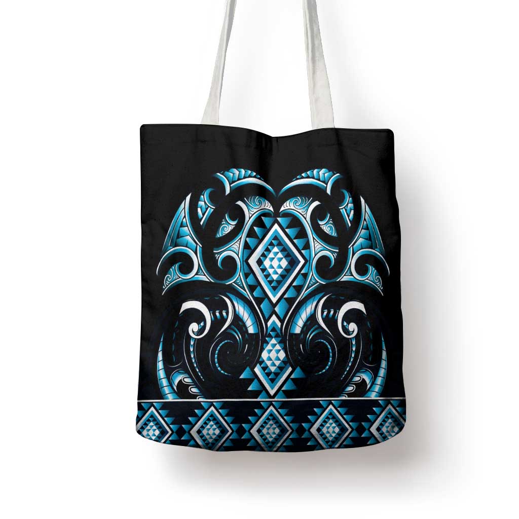Blue Ngaru Taniko With Aotearoa Maori Tattoo Tote Bag - Polynesian Pride
