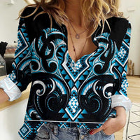 Blue Ngaru Taniko With Aotearoa Maori Tattoo Women Casual Shirt LT14 Female Blue - Polynesian Pride