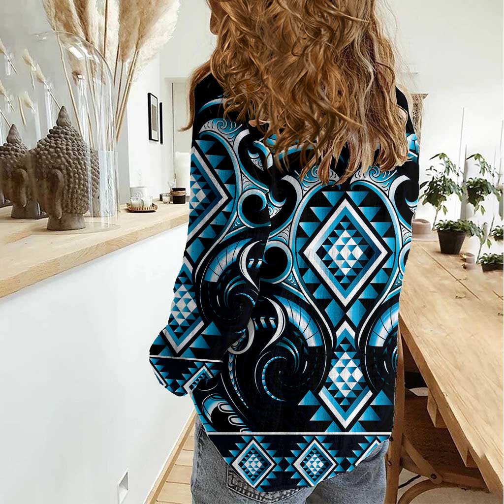 Blue Ngaru Taniko With Aotearoa Maori Tattoo Women Casual Shirt LT14 - Polynesian Pride
