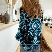 Blue Ngaru Taniko With Aotearoa Maori Tattoo Women Casual Shirt LT14 - Polynesian Pride