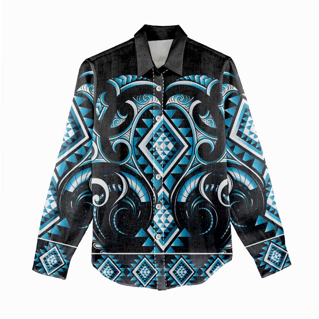 Blue Ngaru Taniko With Aotearoa Maori Tattoo Women Casual Shirt LT14 - Polynesian Pride
