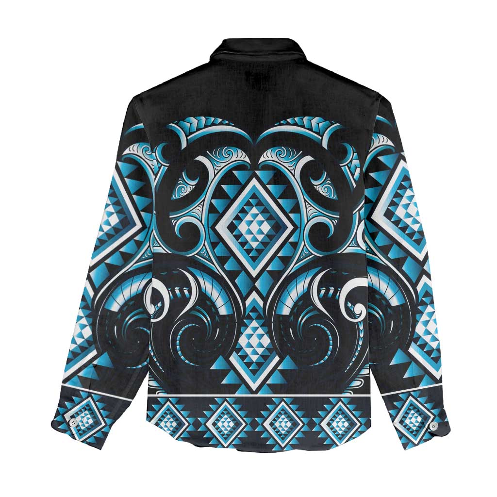 Blue Ngaru Taniko With Aotearoa Maori Tattoo Women Casual Shirt LT14 - Polynesian Pride