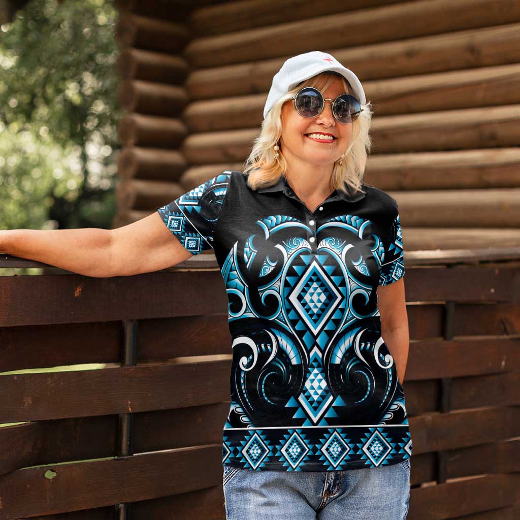 Blue Ngaru Taniko With Aotearoa Maori Tattoo Women Polo Shirt