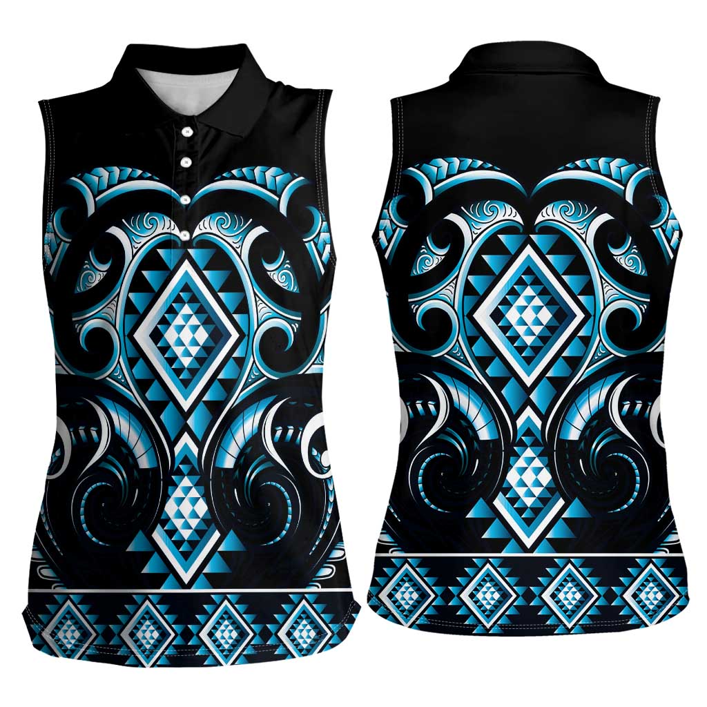 Blue Ngaru Taniko With Aotearoa Maori Tattoo Women Sleeveless Polo Shirt