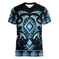 Blue Ngaru Taniko With Aotearoa Maori Tattoo Women V-Neck T-Shirt LT14 Female Blue - Polynesian Pride