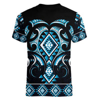 Blue Ngaru Taniko With Aotearoa Maori Tattoo Women V-Neck T-Shirt LT14 - Polynesian Pride