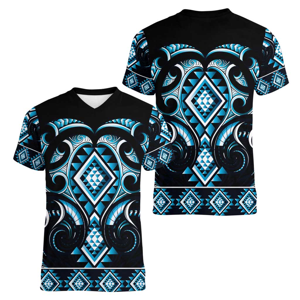 Blue Ngaru Taniko With Aotearoa Maori Tattoo Women V-Neck T-Shirt LT14 - Polynesian Pride