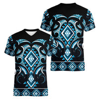 Blue Ngaru Taniko With Aotearoa Maori Tattoo Women V-Neck T-Shirt LT14 - Polynesian Pride