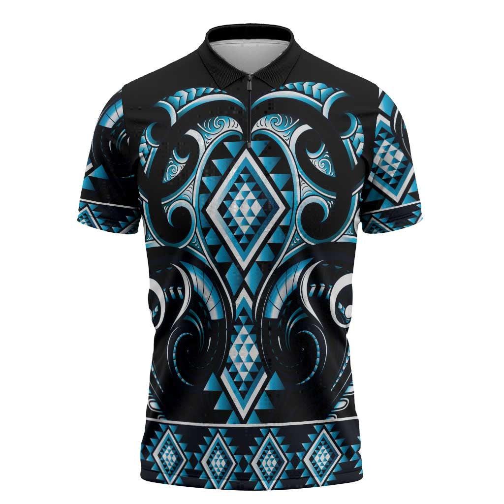Blue Ngaru Taniko With Aotearoa Maori Tattoo Zipper Polo Shirt - Polynesian Pride