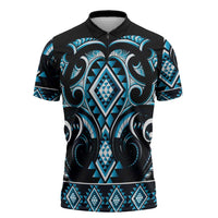 Blue Ngaru Taniko With Aotearoa Maori Tattoo Zipper Polo Shirt - Polynesian Pride