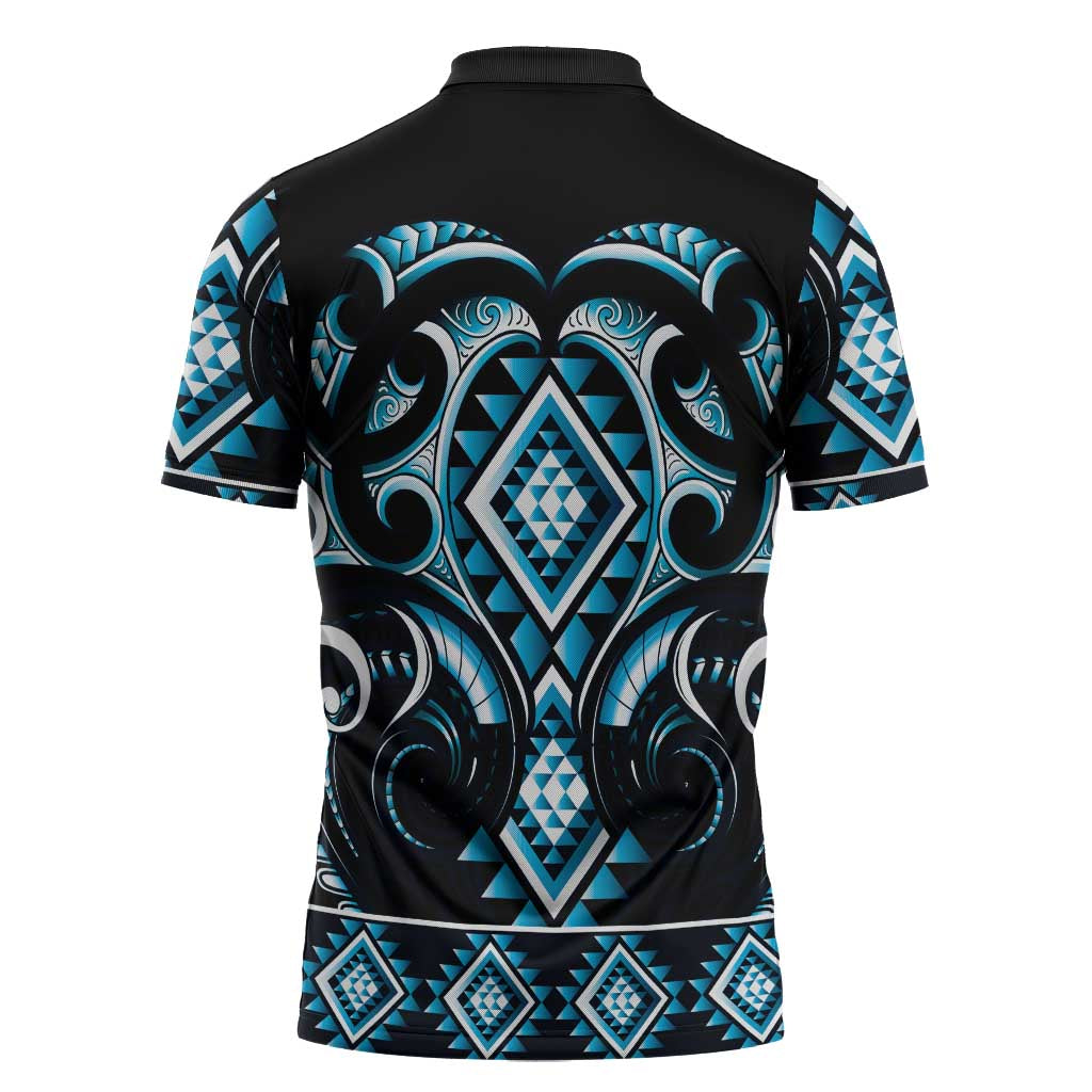 Blue Ngaru Taniko With Aotearoa Maori Tattoo Zipper Polo Shirt - Polynesian Pride