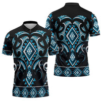 Blue Ngaru Taniko With Aotearoa Maori Tattoo Zipper Polo Shirt - Polynesian Pride