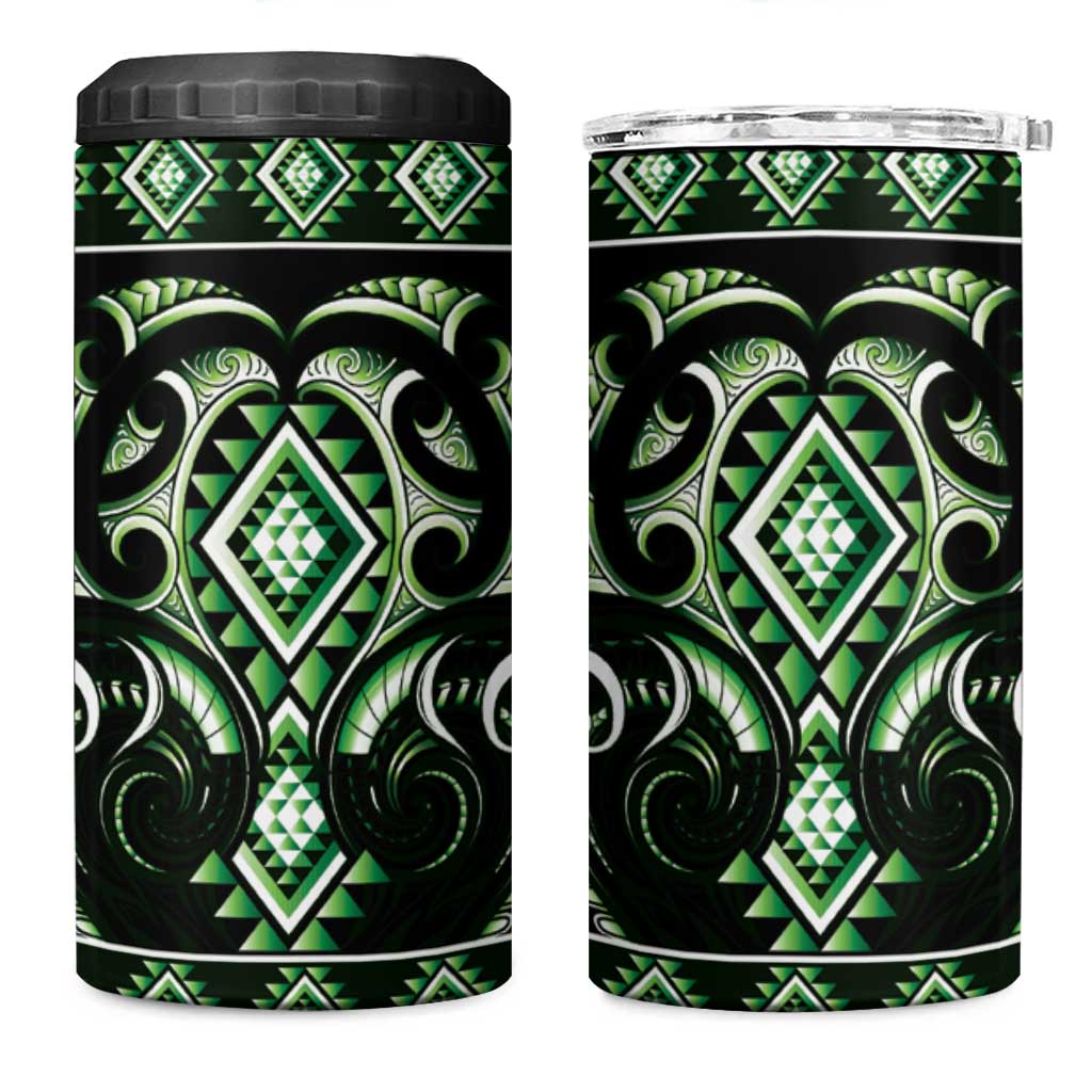 Green Ngaru Taniko With Aotearoa Maori Tattoo 4 in 1 Can Cooler Tumbler