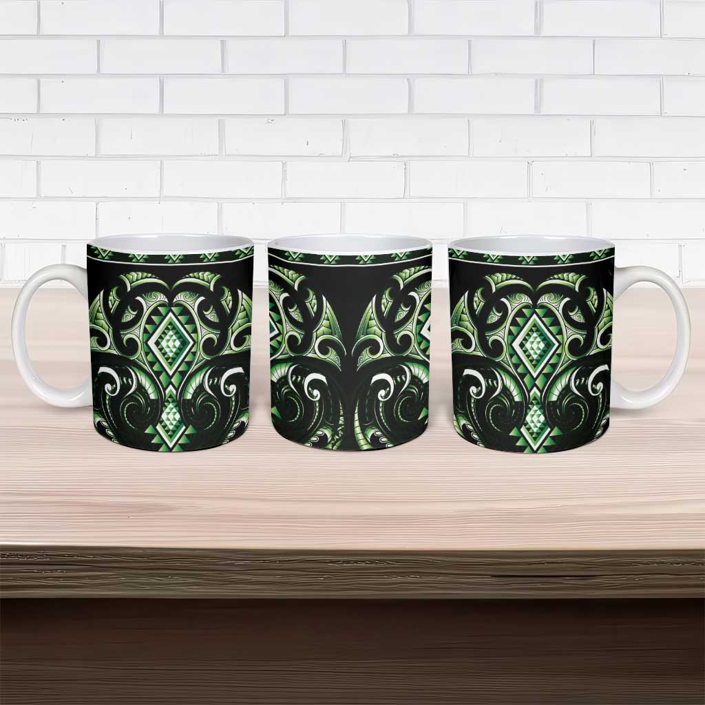 Green Ngaru Taniko With Aotearoa Maori Tattoo Ceramic Mug - Polynesian Pride