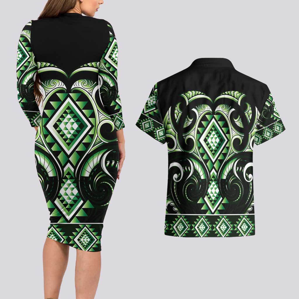 Green Ngaru Taniko With Aotearoa Maori Tattoo Couples Matching Long Sleeve Bodycon Dress and Hawaiian Shirt