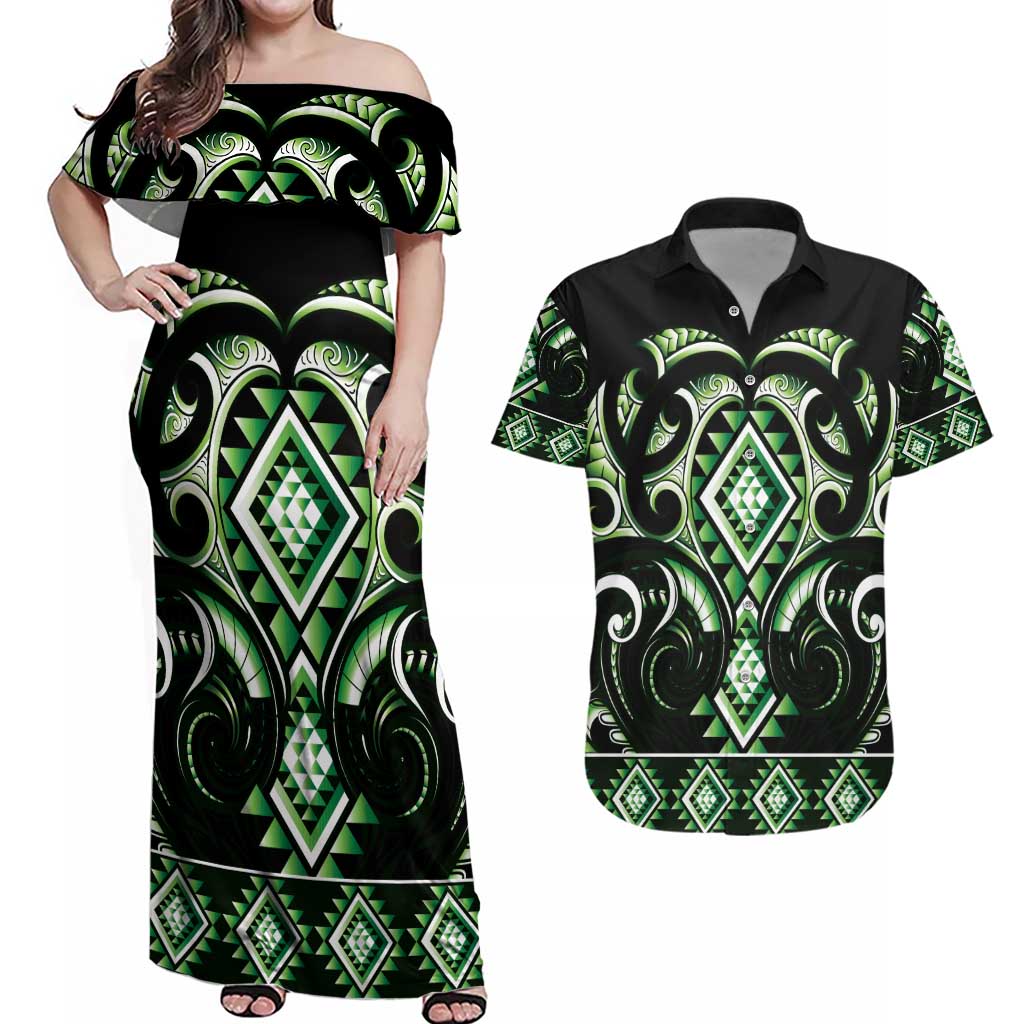 Green Ngaru Taniko With Aotearoa Maori Tattoo Couples Matching Off Shoulder Maxi Dress and Hawaiian Shirt