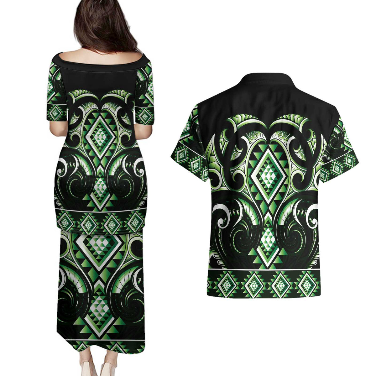 Green Ngaru Taniko With Aotearoa Maori Tattoo Couples Matching Puletasi and Hawaiian Shirt