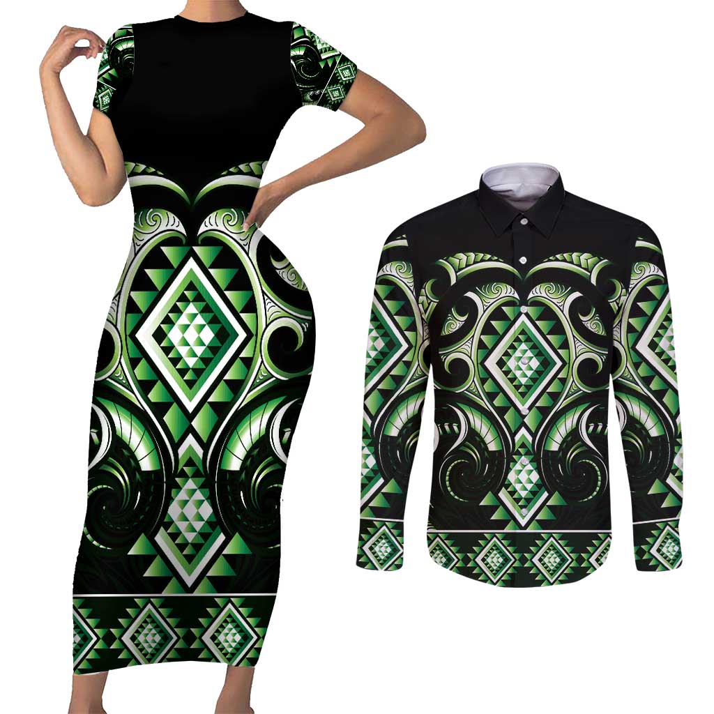 Green Ngaru Taniko With Aotearoa Maori Tattoo Couples Matching Short Sleeve Bodycon Dress and Long Sleeve Button Shirt