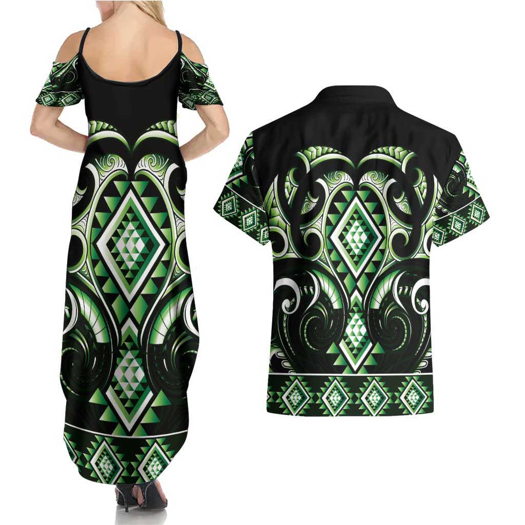 Green Ngaru Taniko With Aotearoa Maori Tattoo Couples Matching Summer Maxi Dress and Hawaiian Shirt